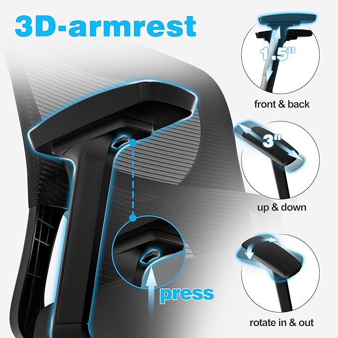 GABRYLLY Ergonomic Mesh Office Chair, Home Desk Chair with Adjustable Lumbar Support, 3D Armrest, Headrest, 4-Level Tilt Back, High Back Ergonomic Chairs with Wide Cushion Seat - LeafyLoom