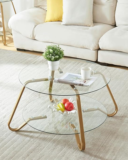 HOMBAZAAR Glass Coffee Table, Modern Coffee Table with Metal Frame and Tempered Glass Tabletop, 2-Tier Round Center Table for Living Room, Meeting Room, Gold - LeafyLoom