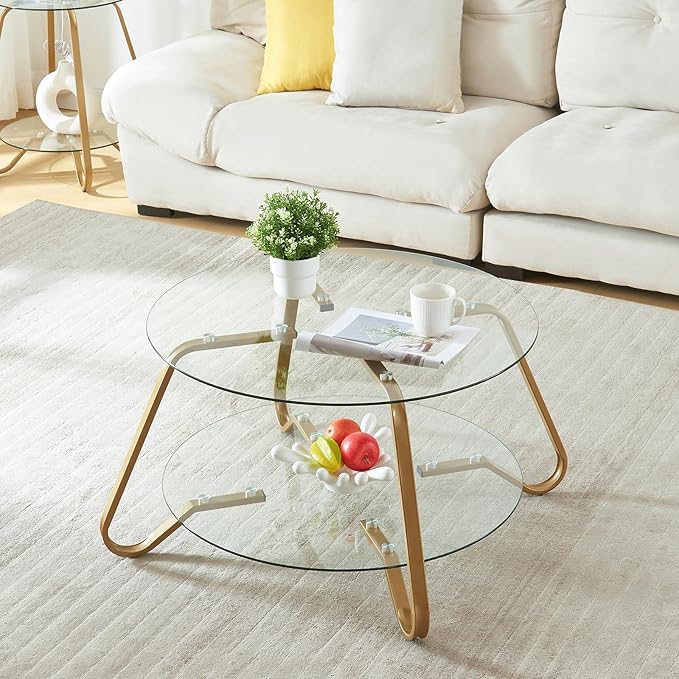 HOMBAZAAR Glass Coffee Table, Modern Coffee Table with Metal Frame and Tempered Glass Tabletop, 2-Tier Round Center Table for Living Room, Meeting Room, Gold - LeafyLoom