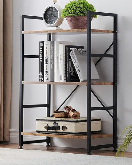 Bookshelf for Small Space, 3 Tier Wood Book Shelf and Bookcase with Metal Frame, Rustic Standing Unit Shelf Display Rack for Living Room/Home Office, Light Brown - LeafyLoom