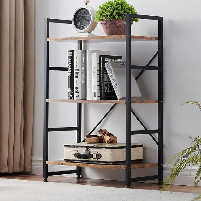 Bookshelf for Small Space, 3 Tier Wood Book Shelf and Bookcase with Metal Frame, Rustic Standing Unit Shelf Display Rack for Living Room/Home Office, Light Brown - LeafyLoom
