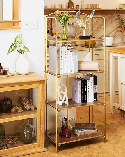 No Assembly Folding Bookshelf, 4 Tier Gold Bookshelf, Metal Book Shelf for Storage, Folding Bookcase for Office Organization and Storage, 12.6" D x 22.44" W x 55.51" H - LeafyLoom