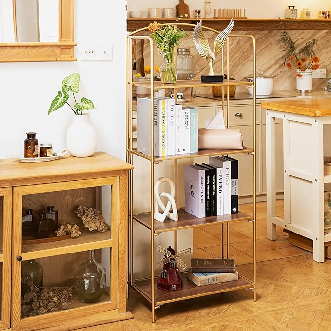 No Assembly Folding Bookshelf, 4 Tier Gold Bookshelf, Metal Book Shelf for Storage, Folding Bookcase for Office Organization and Storage, 12.6" D x 22.44" W x 55.51" H - LeafyLoom