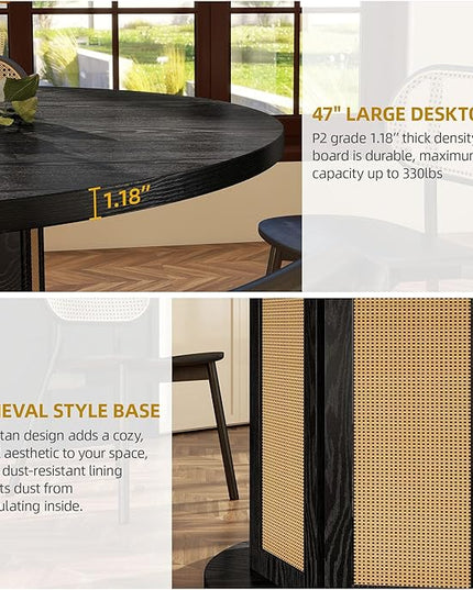 DWVO Round Dining Table for 4-6 People, 47 Inch Farmhouse Kitchen Table with Rattan Circular Base, Wooden Dinner Table for Dining Room Family Gathering, Black - LeafyLoom