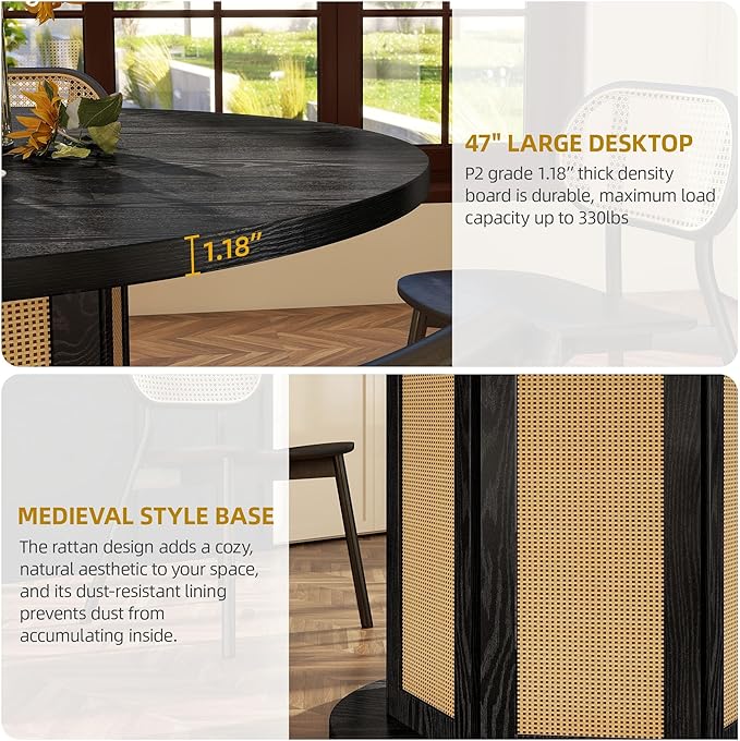 DWVO Round Dining Table for 4-6 People, 47 Inch Farmhouse Kitchen Table with Rattan Circular Base, Wooden Dinner Table for Dining Room Family Gathering, Black - LeafyLoom