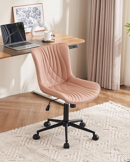 YOUTASTE Office Chair Pink Armless Desk Chair with Wheels, Modern Faux Leather Padded Computer Task Chair, Adjustable Swivel Rolling Sewing Vanity Chair with Ergonomic Rocking Back, Nude Pink - LeafyLoom