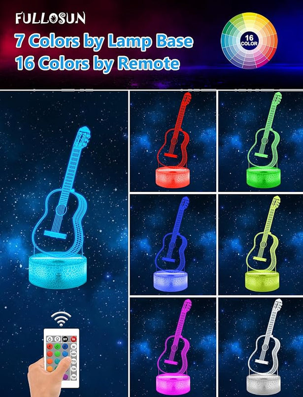FULLOSUN Guitar Gift, Kids Guitar Night Light (with Remote Control), 3D Illumination Lights Boys Gift 16 Colors Changeable Kids Room Lighting Creative Decoration... (Guitar) - LeafyLoom
