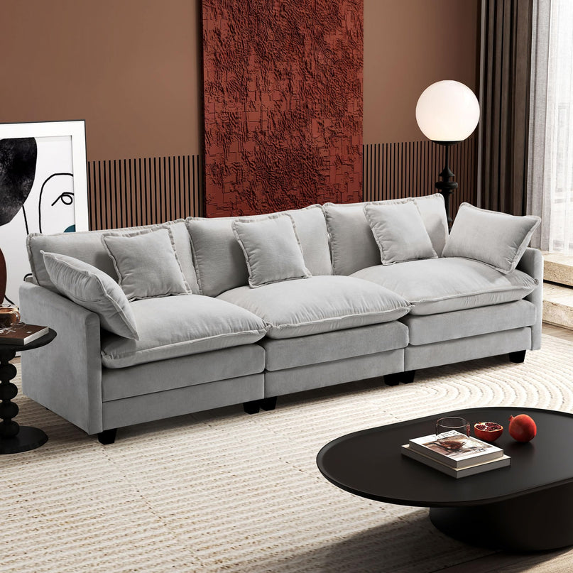 Ihanherry 111.4" L Shaped Modern Sofa Modular Sectional Cloud Couch with Ottoman, 4-Seat Chenille Deep Seat Sofa with Pillow for Living Room, Bedroom and Apartment, Beige LeafyLoom
