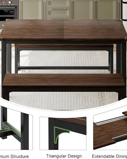 Feonase 63" Extendable Dining Room Table Set for 4, Modern Dining Table with 2 Benches, 3 Pcs Kitchen Table for Small Space, Easy Clean, Espresso - LeafyLoom
