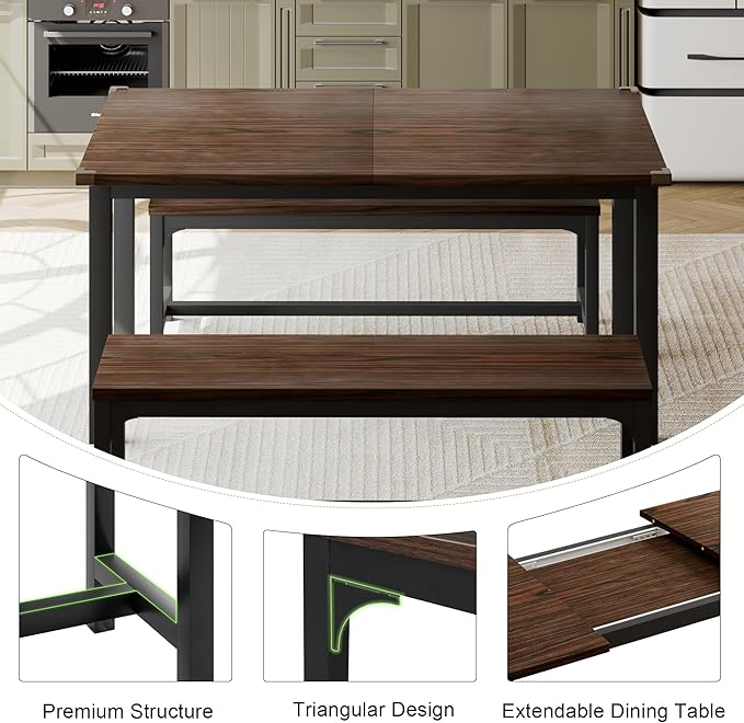 Feonase 63" Extendable Dining Room Table Set for 4, Modern Dining Table with 2 Benches, 3 Pcs Kitchen Table for Small Space, Easy Clean, Espresso - LeafyLoom