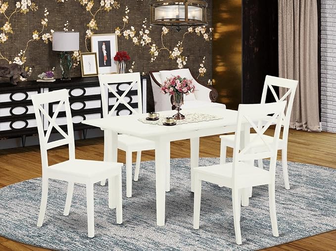 East West Furniture NOBO5-WHI-W 5 Piece Dining Set for 4 Includes a Rectangle Kitchen Table with Butterfly Leaf and 4 Dinette Chairs, 32x54 Inch - LeafyLoom