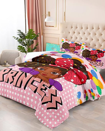 Black Girl Queen Comforter Set Black African American Girls Queen Comforter Set Princess Queen Bedding Set Room Decor Black Girl Kids Queen Bedding Sets for Girls, 1 Comforter+2 Pillowcases - LeafyLoom