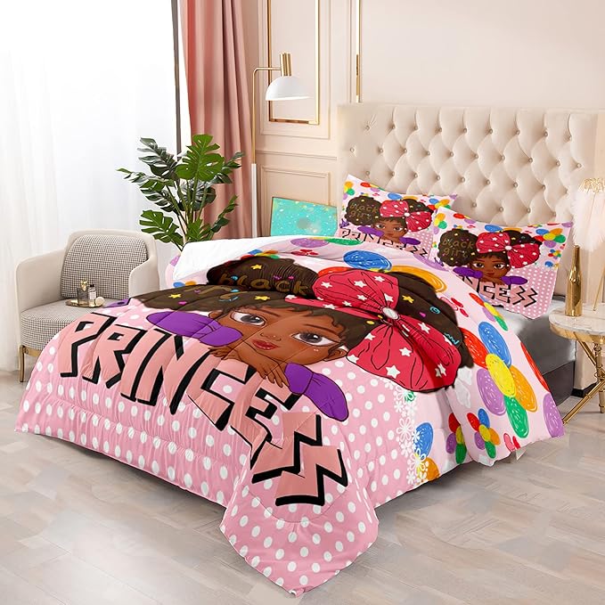 Black Girl Queen Comforter Set Black African American Girls Queen Comforter Set Princess Queen Bedding Set Room Decor Black Girl Kids Queen Bedding Sets for Girls, 1 Comforter+2 Pillowcases - LeafyLoom