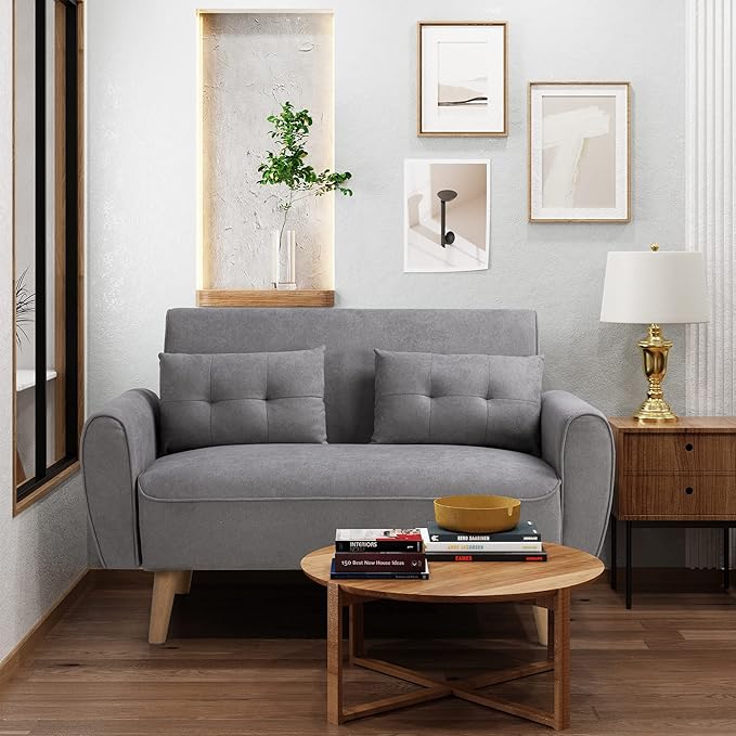 Shintenchi Small Modern Loveseat Couch Sofa, Light Grey, 2-Seat, Mid Century Fabric Upholstered, Tool-Free Assembly - LeafyLoom