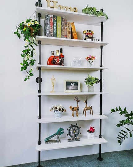 6 Tier Industrial Ladder Shelf Bookcase, Wall Mounted Rustic Bookshelf for Living Room Decor and Storage (White, 6 Tier - 10" D x 36" W x 82.5" H) - LeafyLoom