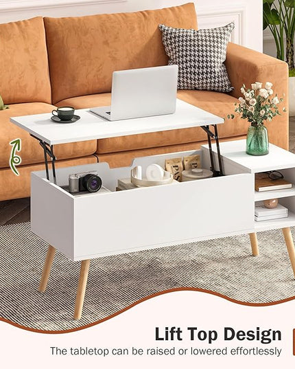 White Lift Top Coffee Table, Wood Coffee Table with Lifting Top Storage, Mid-Century Modern Coffee Table for Living Room, Small Space - LeafyLoom