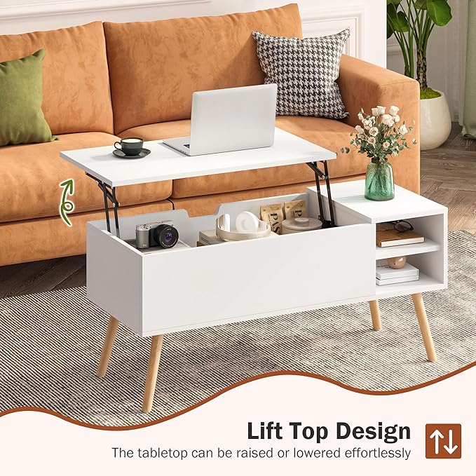 White Lift Top Coffee Table, Wood Coffee Table with Lifting Top Storage, Mid-Century Modern Coffee Table for Living Room, Small Space - LeafyLoom