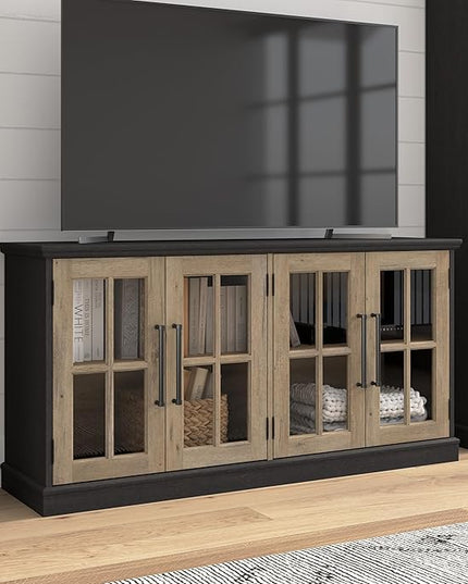 Bush Furniture Westbrook 60W TV Stand for 75 Inch TV in Vintage Black/Restored Tan Hickory | Living Room Entertainment Center with Storage - LeafyLoom