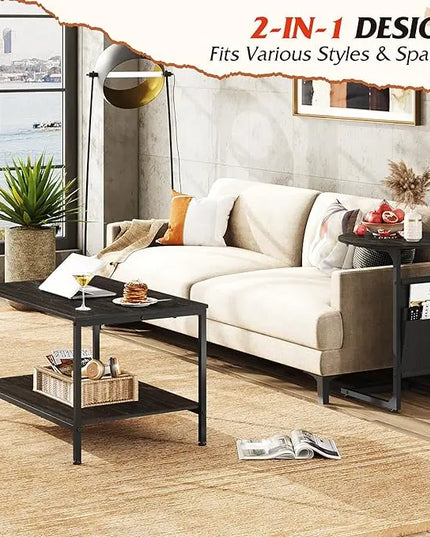 WLIVE Coffee Table and End Table Set, 31.3" Center Table and 18.7" Small Round Coffee Table with Side Pouch, Wood Nesting Coffee Table for Living Room, Bedroom, Charcoal Black - LeafyLoom