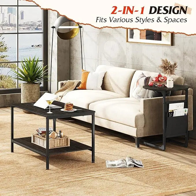 WLIVE Coffee Table and End Table Set, 31.3" Center Table and 18.7" Small Round Coffee Table with Side Pouch, Wood Nesting Coffee Table for Living Room, Bedroom, Charcoal Black - LeafyLoom