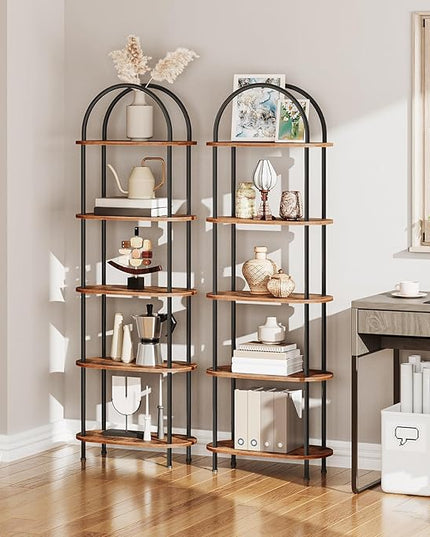 HOOBRO 5 Tier Open Bookshelf, Industrial Arched Bookcase Display Shelf Racks, Wooden Bookcase Storage Shelves Metal Frame, Tall Storage Organizer for Home, Easy Assembly, Rustic Brown BF176SJ01 - LeafyLoom
