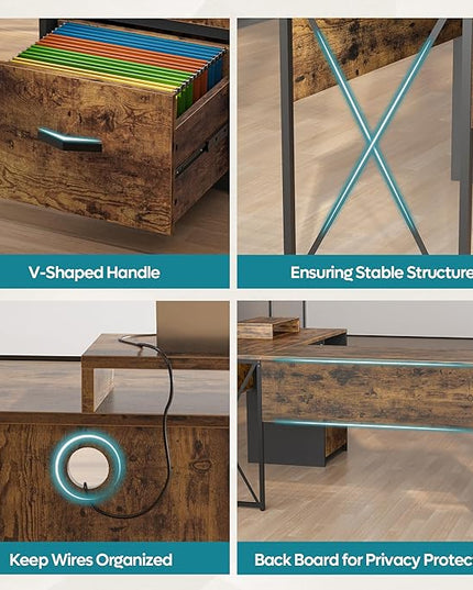 Bestier L Shaped Desk with Drawers, 55 inch Office L Desk with Reversible File Drawer, Industrial Wood Computer Desk with Monitor Stand (Rustic Brown) - LeafyLoom