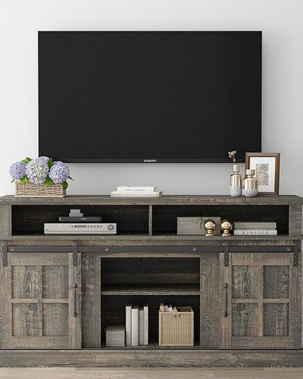 TV Stand with 2 Sliding Barn Doors, 58 Inch TV Stand with Storage Cabinet and Shelves, Television Stands with Storage for Living Room, Bedroom, Antique Brown - LeafyLoom