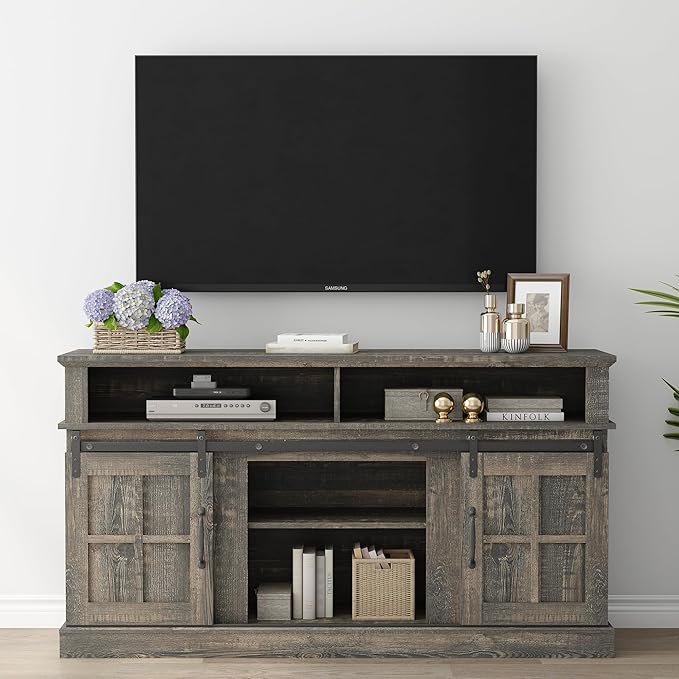 TV Stand with 2 Sliding Barn Doors, 58 Inch TV Stand with Storage Cabinet and Shelves, Television Stands with Storage for Living Room, Bedroom, Antique Brown - LeafyLoom