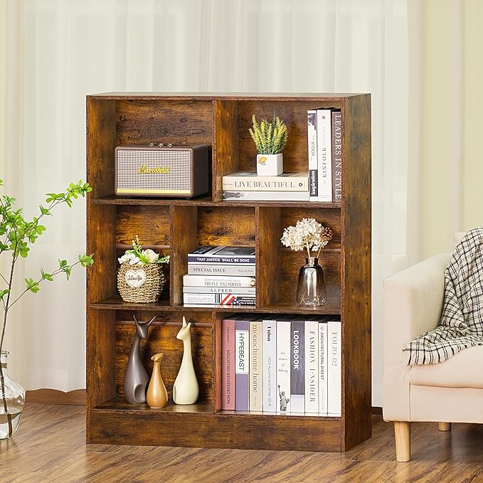 LEYAOYAO 7 Cube Bookshelf with Base,3 Tier Mid-Century Modern Brown Bookcase,Standing Wide Bookshelves Storage Organizer Shelf,Rustic Wood Display Cabinet Book Shelves for Bedroom,Living Room,Office - LeafyLoom