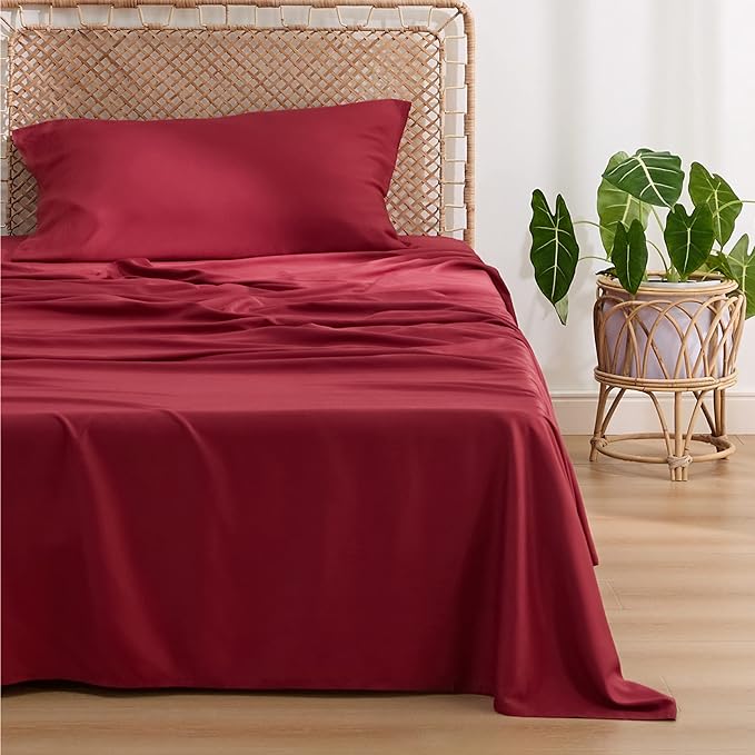 Bedsure Twin Sheets Set, Cooling Sheets Twin Size Bed Set, Rayon Derived from Bamboo, Twin Size Sheets, Breathable & Soft Bed Sheets, Hotel Luxury Silky Bedding Sheets & Pillowcases, Burgundy - LeafyLoom