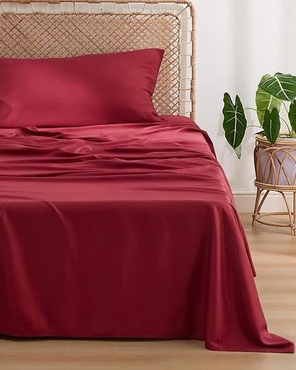 Bedsure Twin XL Sheet Set Dorm Bedding, Cooling Sheets Twin Extra Long Sheets, Rayon Derived from Bamboo, Deep Pocket Up to 16", Hotel Luxury Silky Bedding Sheets & Pillowcases, Burgundy - LeafyLoom