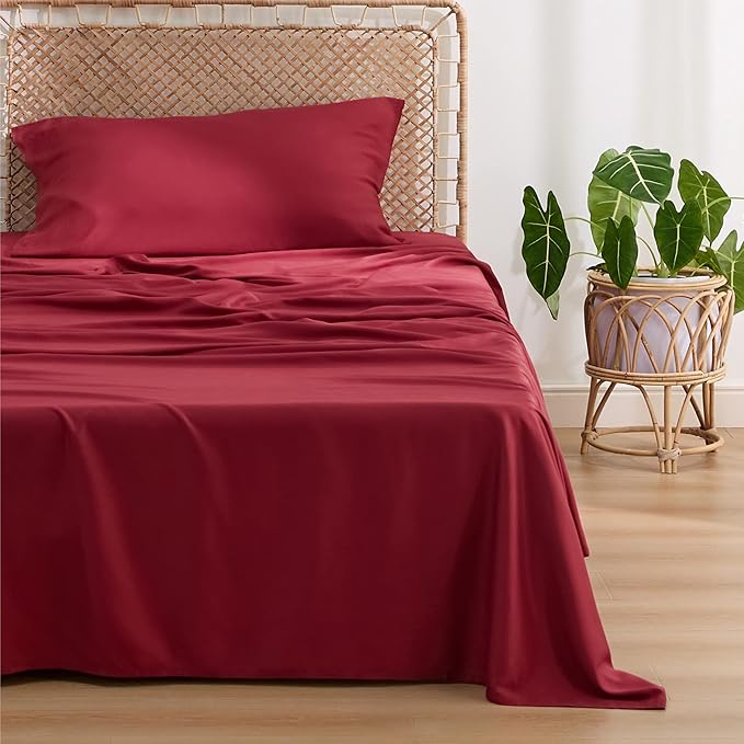 Bedsure Twin XL Sheet Set Dorm Bedding, Cooling Sheets Twin Extra Long Sheets, Rayon Derived from Bamboo, Deep Pocket Up to 16", Hotel Luxury Silky Bedding Sheets & Pillowcases, Burgundy - LeafyLoom