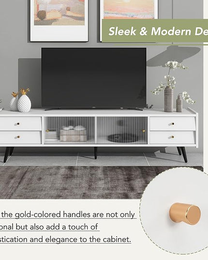 Merax Contemporary TV Stand with Sliding Fluted Glass Doors and Golden Metal Handles, Slanted Drawers Media Console for Television Up to 70", Chic Elegant Storage Cabinet, 66.9" Length, White - LeafyLoom