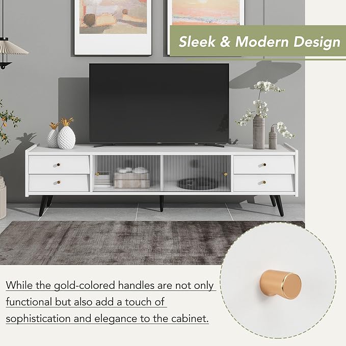Merax Contemporary TV Stand with Sliding Fluted Glass Doors and Golden Metal Handles, Slanted Drawers Media Console for Television Up to 70", Chic Elegant Storage Cabinet, 66.9" Length, White - LeafyLoom