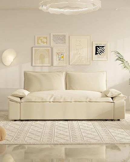 3 in 1 Oversized Love Seat Sofá Convertible Queen Size Sofabed with 2 Lumbar Pillows, Loveseat Sofa W/Pull Out Sleeper Couch Bed for Home,Office,Apartment,RV Living Room, 70.1", Beige - LeafyLoom