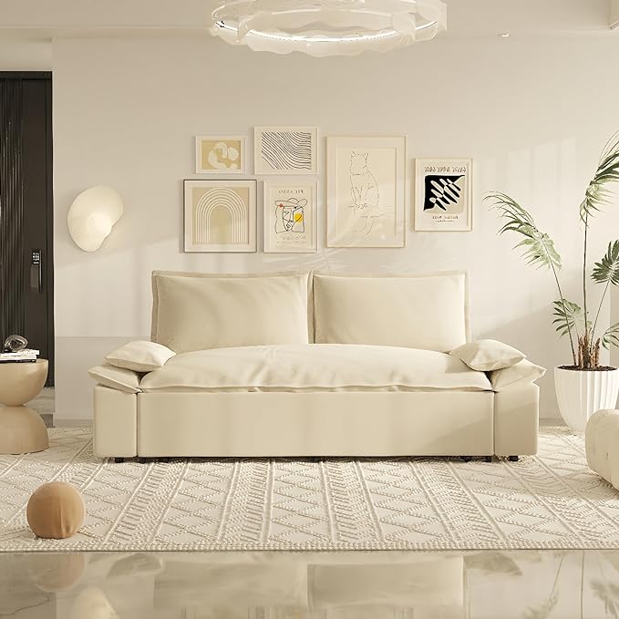 3 in 1 Oversized Love Seat Sofá Convertible Queen Size Sofabed with 2 Lumbar Pillows, Loveseat Sofa W/Pull Out Sleeper Couch Bed for Home,Office,Apartment,RV Living Room, 70.1", Beige - LeafyLoom