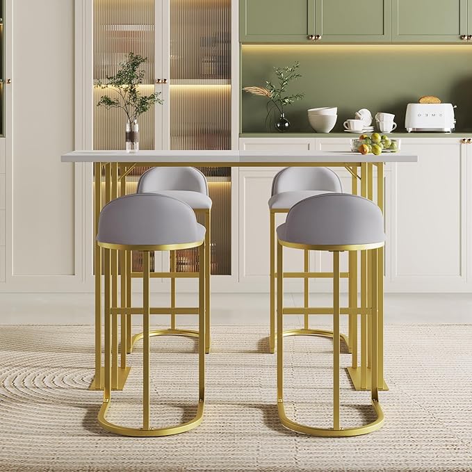NicBex Small Dining Table Set for 4 Bar Table and Chairs Set Modern Gold White Table with 4 Velvet Cushion Bar Stools, Kitchen Counter High Top Table for Home & Kitchen, Grey+White - LeafyLoom