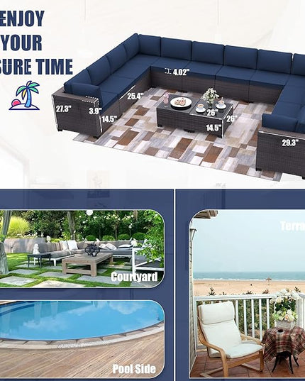 Patio Furniture Set 14-Piece Outdoor Furniture for Backyard Wicker Sectional Sofa Set, PE Rattan Patio Conversation Set 12 Seat with Thickened Cushions and Glass Coffee Tables, Navy Blue - LeafyLoom