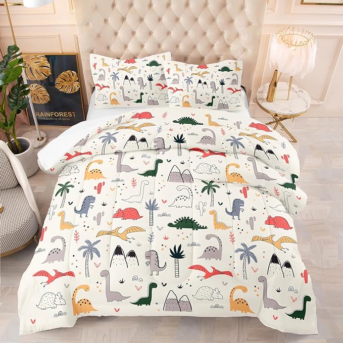 NINENINE Dinosaur Comforter Sets for Girls,Queen Size Bedding Sets for Girls Kids,Dinosaur Bedding Sets Cute Bed Sets with 1 Comforter 2 Pillowcases - LeafyLoom