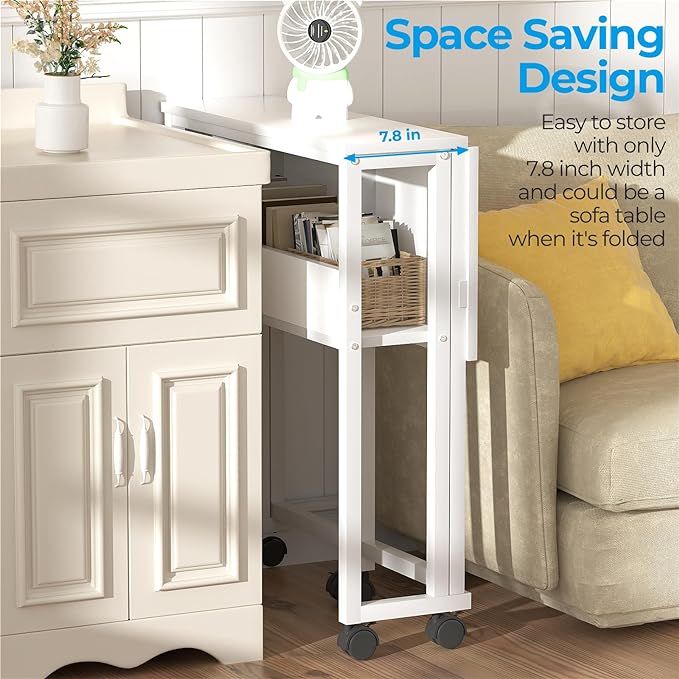 GreenForest Folding Desk White Desk with Storage Shelf,31.5 inch Foldable Computer Desk with Wheels Small Desk for Small Space,Easy Assembly,Pure White - LeafyLoom