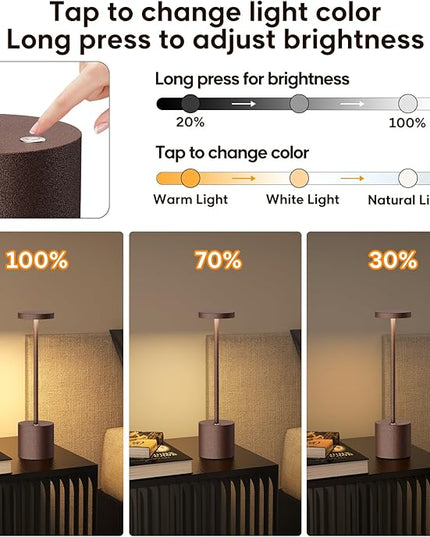 Rechargeable Cordless LED Table Lamp, 6000mAh Battery Operated 3 Level Dimmable Portable Tables Lights Reading Lamps for Restaurant Dining 2Pack Rust Desk Lamps - LeafyLoom