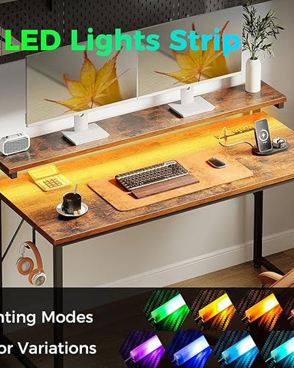 AODK Computer Desk, 48 Inch Gaming Desk with LED Lights and Power Outlet, Office Desk with Adjustable Monitor Shelf (3 Heights), Computer Table Work Desk for Home/Bedroom, Rustic Brown - LeafyLoom