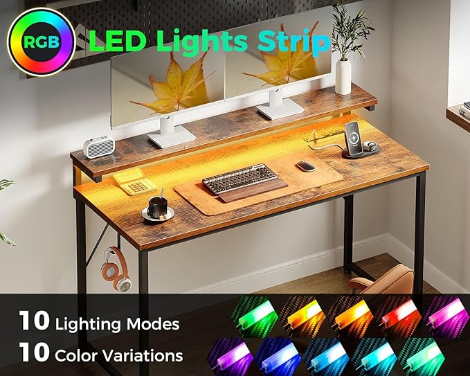 AODK Computer Desk, 48 Inch Gaming Desk with LED Lights and Power Outlet, Office Desk with Adjustable Monitor Shelf (3 Heights), Computer Table Work Desk for Home/Bedroom, Rustic Brown - LeafyLoom