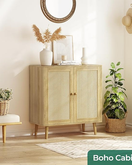 Buffet Cabinet with Storage, Storage Cabinet with PE Rattan Decor Doors, Accent Cabinet with Solid Wood Feet, Sideboard Cabinet for Hallway, Entry, Living Room, Natural - LeafyLoom
