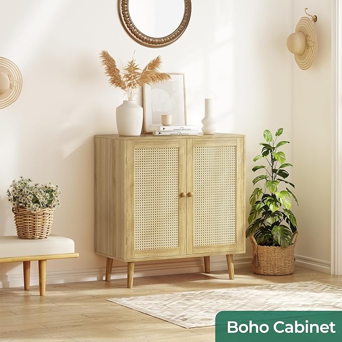 Buffet Cabinet with Storage, Storage Cabinet with PE Rattan Decor Doors, Accent Cabinet with Solid Wood Feet, Sideboard Cabinet for Hallway, Entry, Living Room, Natural - LeafyLoom