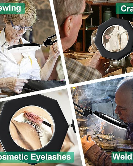10X Magnifying Glass with Light Hand Free, HITTI 3 Color Stepless Dimmable Magnifying Lamp, 2-in-1 LED Lighted Deak Lamp & Clamp, Magnifier with Light and Stand for Craft Hobby Reading Close Workbench - LeafyLoom