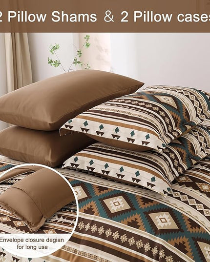 Dinjoy Boho King Size Bed in A Bag 7 Pieces,Brown/Coffee Comforter Set Aztec Striped Bedding Set Bohemian Patchwork Complete Set Geometric Pattern Comforters for Women Men 90"×104" - LeafyLoom