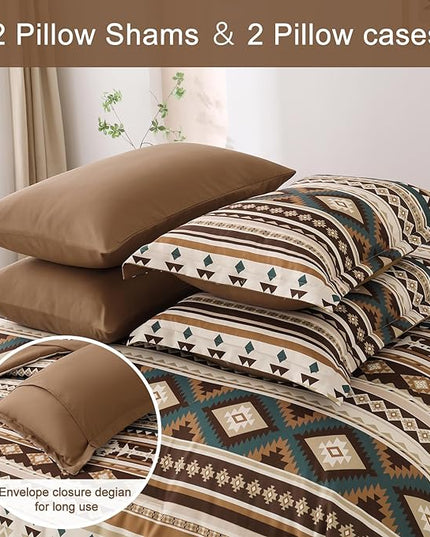 Dinjoy Brown Boho Comforter Set Queen Size,7 Pieces Bed in a Bag Queen Coffee Western Bedding Sets with Sheets Bohemian Geometric Striped Complete Set Aztec for All Seasons Summer 90"x90" - LeafyLoom