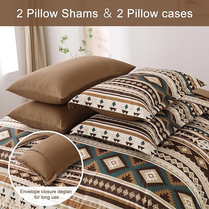 Dinjoy Brown Boho Comforter Set Queen Size,7 Pieces Bed in a Bag Queen Coffee Western Bedding Sets with Sheets Bohemian Geometric Striped Complete Set Aztec for All Seasons Summer 90"x90" - LeafyLoom