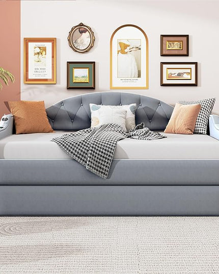 Twin Size Velvet Tufted Upholstered Daybed with Trundle, Modern Solid Wood Sofa Bed w/USB & Type-C Charging Ports, for Bedroom Living Room, No Box-spring Needed, Gray - LeafyLoom